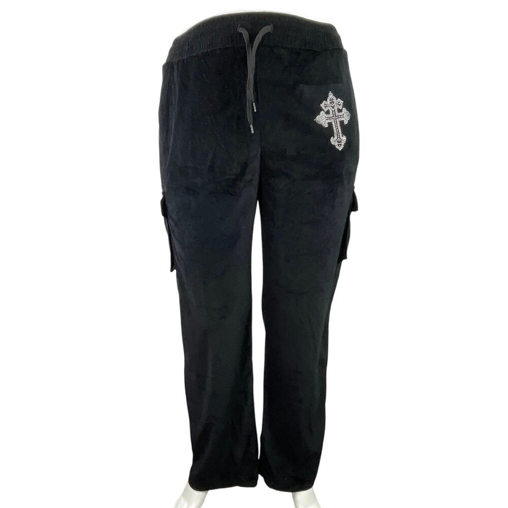 Fashion Nova velvet Velour Saint Rhinestone High Rise Cargo Trousers Pants Sz L
